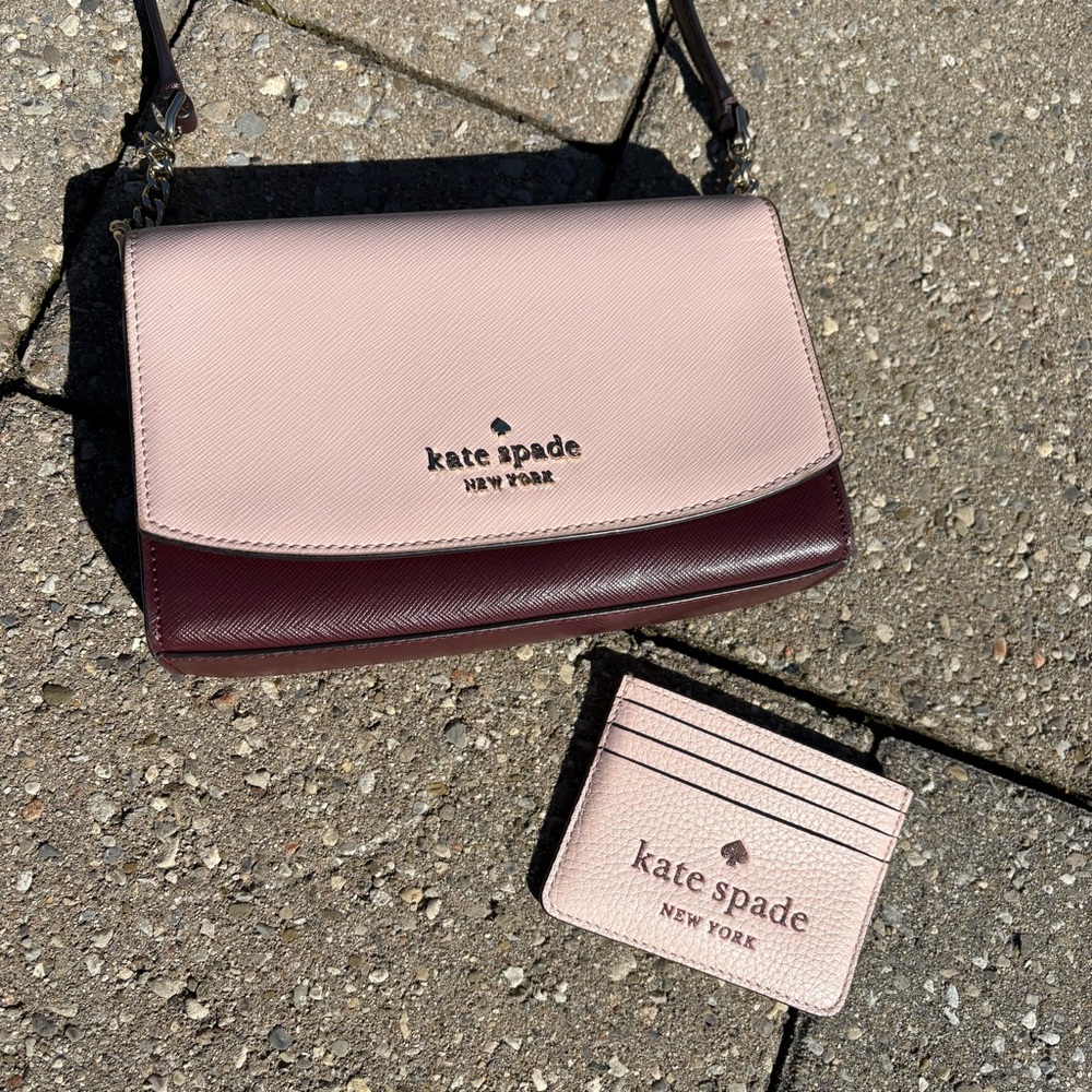 BUNDLE: Kate Spade Pink & Plum Leather Crossbody with Card Case in Rose Smoke!